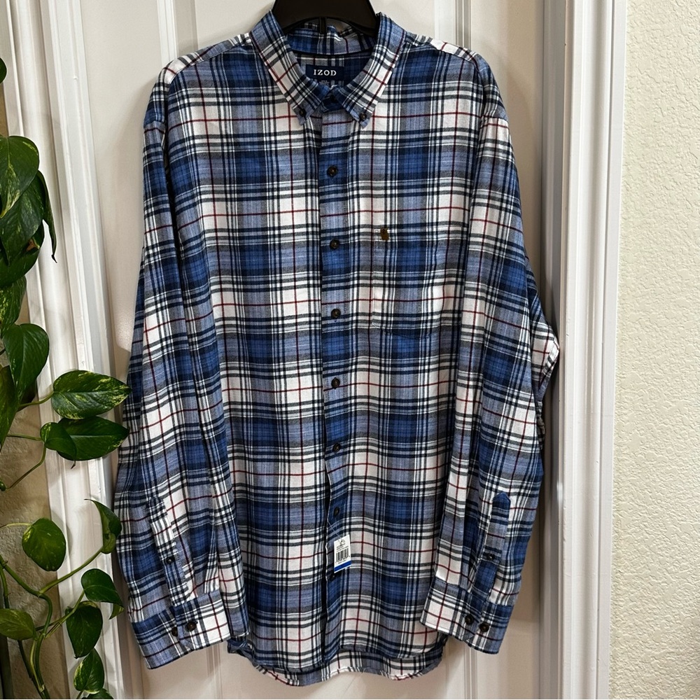 NWT- Men's Izod Plaid Cotton Blend Flannel Shirt in Blue, Red & White Size XLT